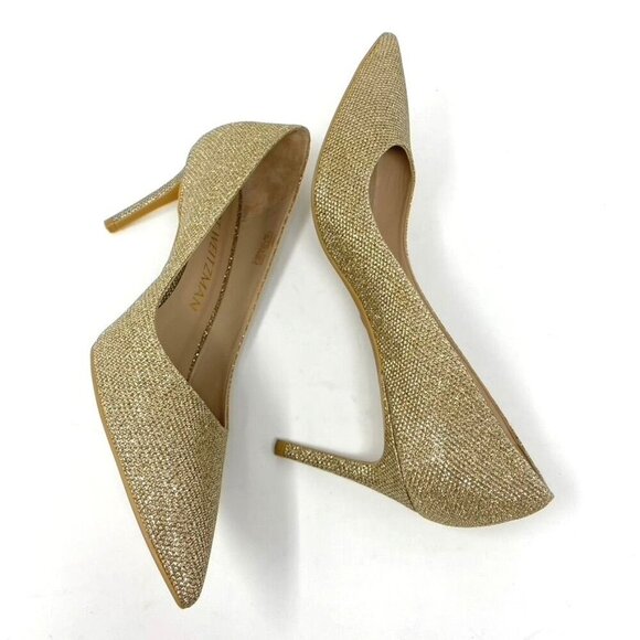 Stuart Weitzman Linsi 75 Pointed Toe Metallic Woven Pump Heels Rubber Sole NWB - Picture 7 of 13